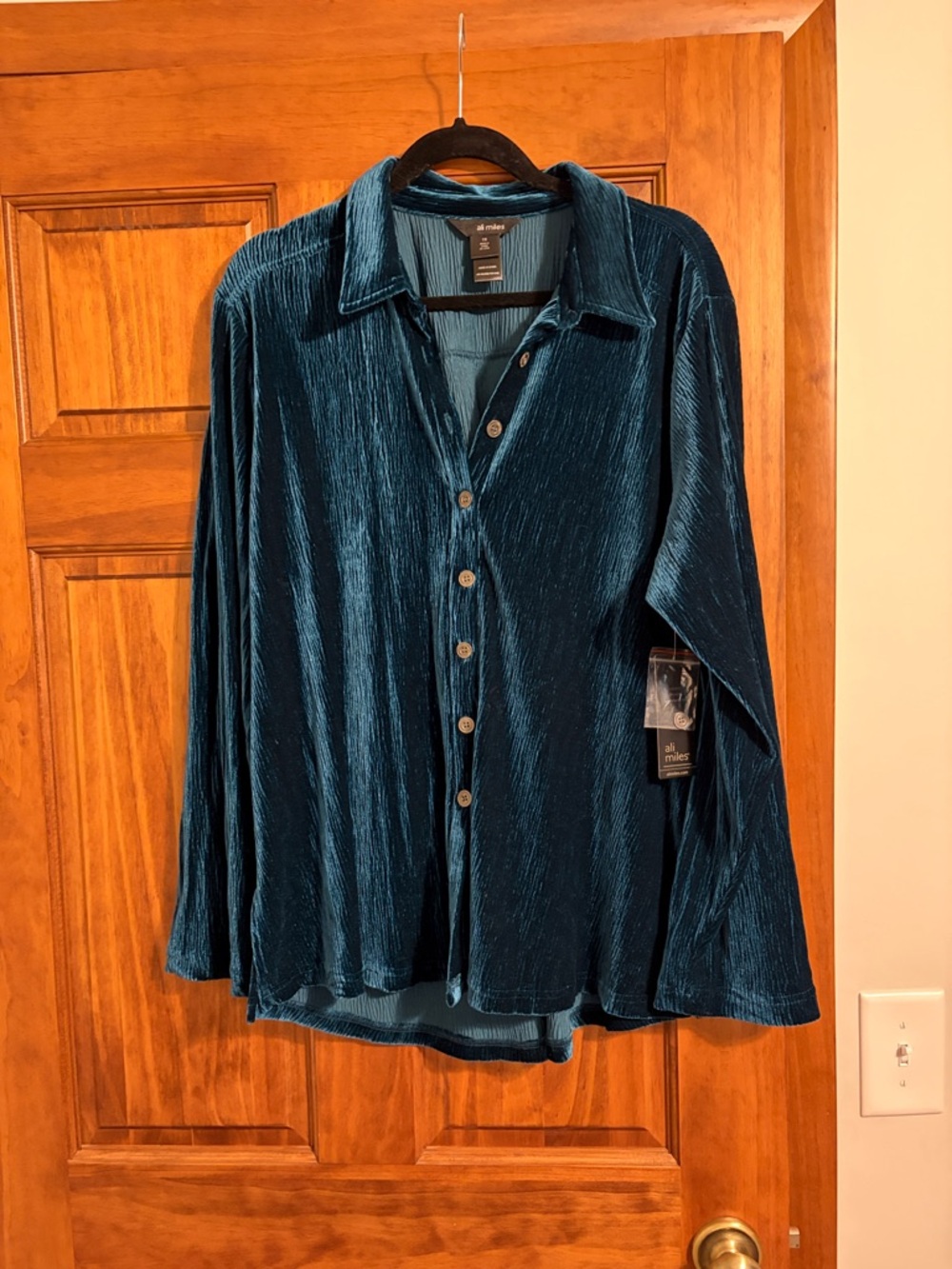 Ali Miles Teal Crushed Velvet Button-Down Shirt